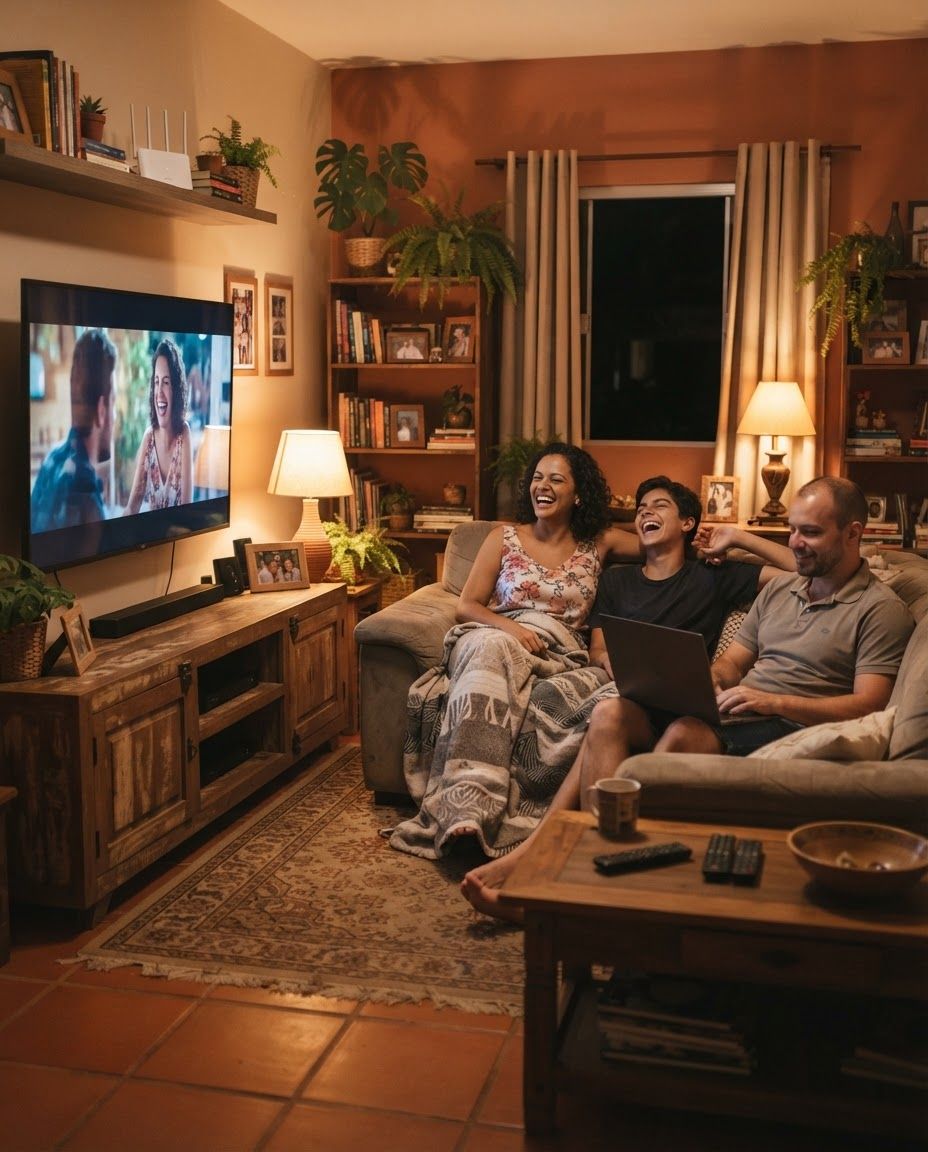 Família reunida em casa usando a internet